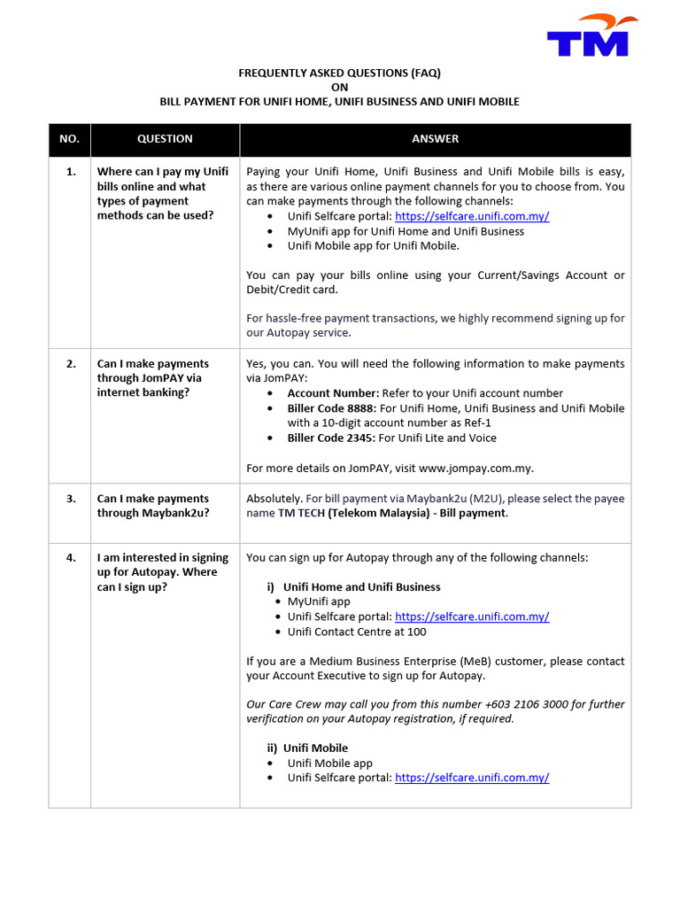 Unifi Bill Payment Methods FAQ | PDF | Payments | Credit Card
