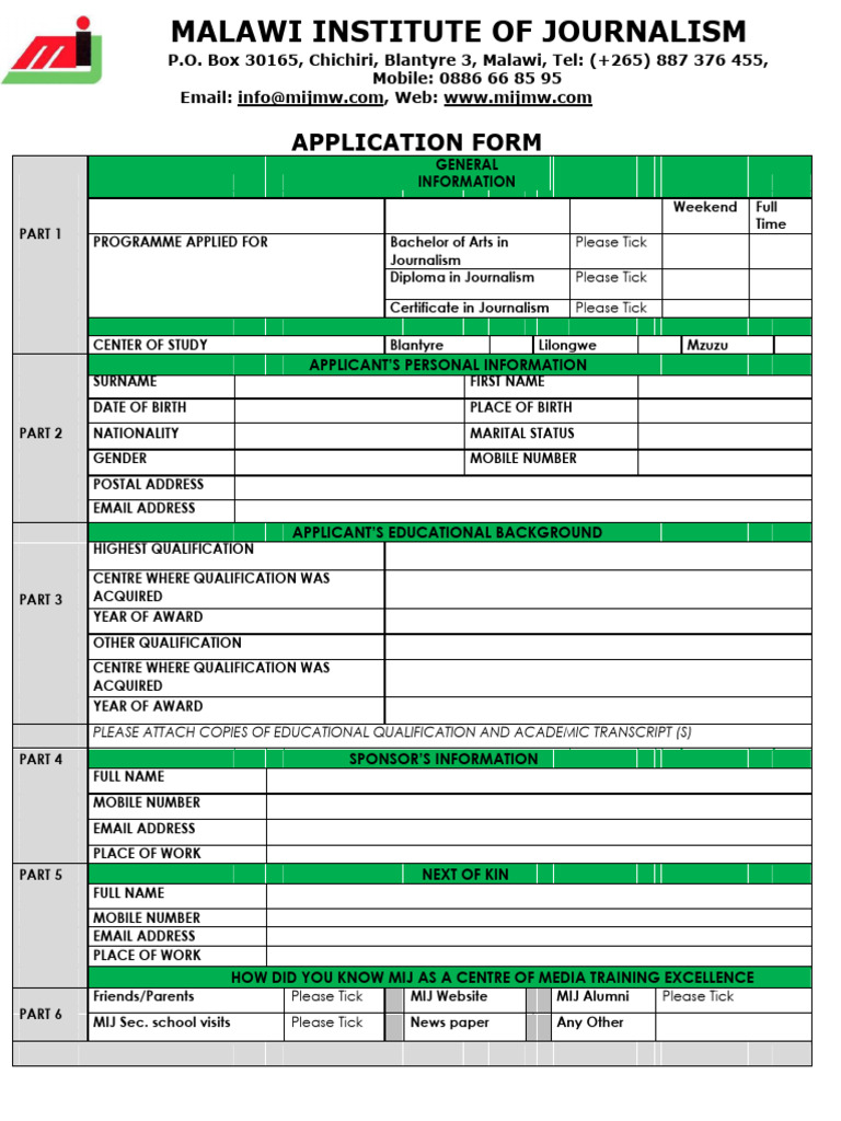 Malawi Institute of Journalism Application Form | PDF | Diploma ...