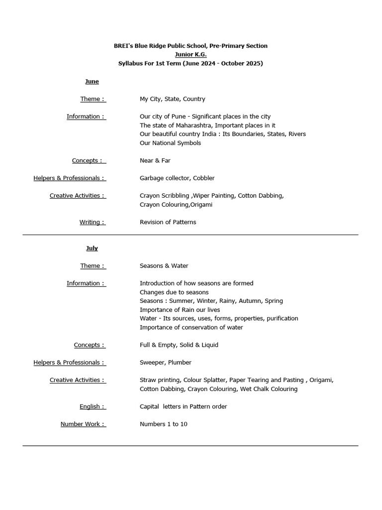 Junior KG Syllabus Term 1 2024-25 | PDF