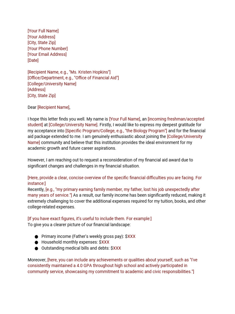 Financial Aid Appeal Letter Template | PDF | Student Financial Aid In ...