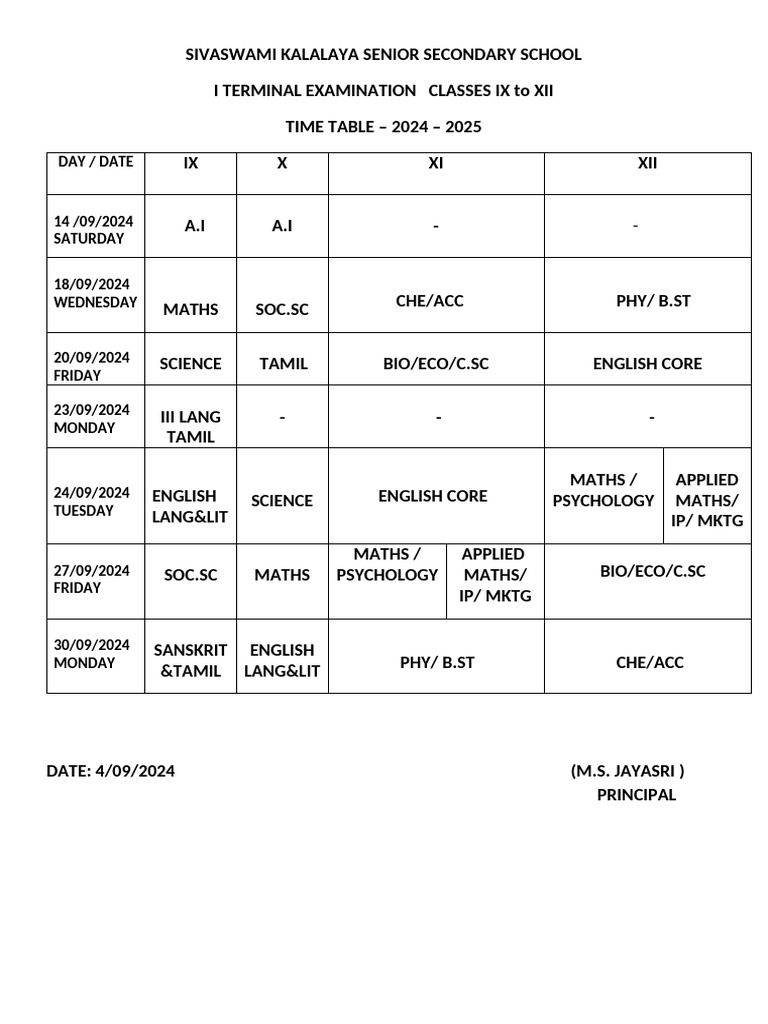 SIVASWAMI SCHOOL 2024-2025 Exam Timetable | PDF