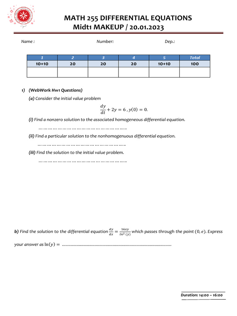 Math 255 Midt1 2022 Fall Makeup Exam | PDF | Differential Equations ...