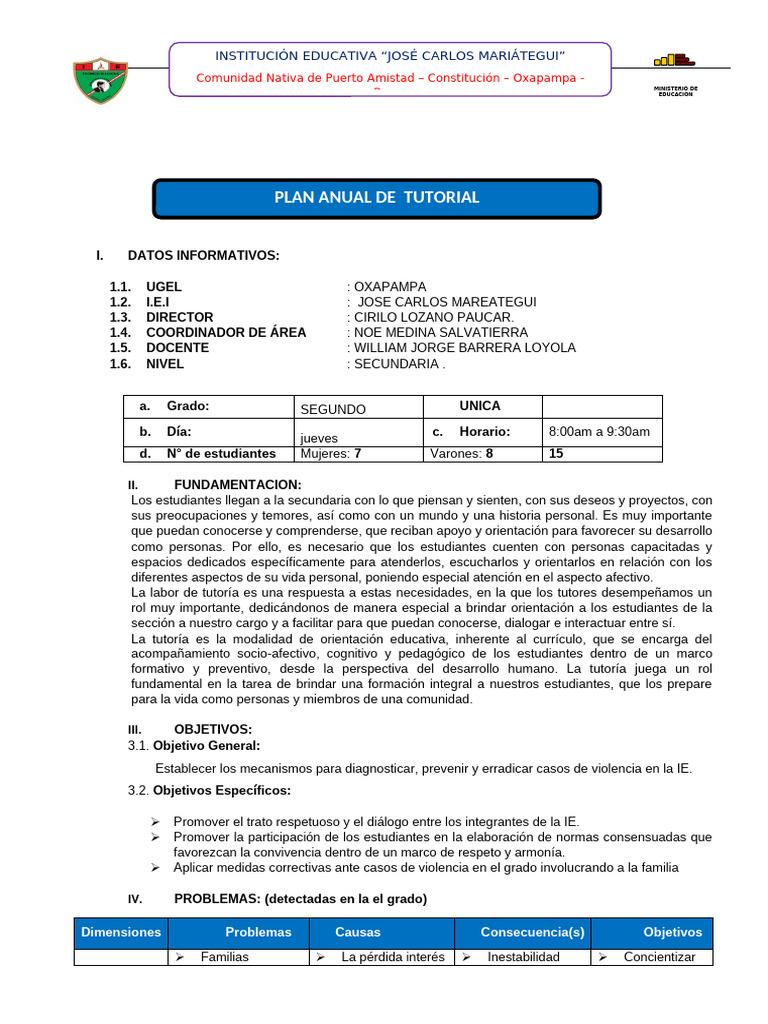 Plan Anual de Tutoria de 2do Grado | PDF | Aprendizaje | Salón de clases