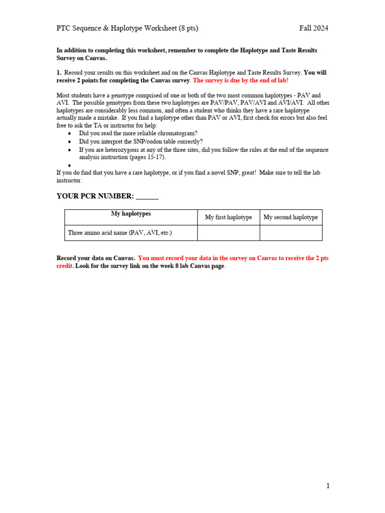 PTC Haplotype and Taste Analysis Worksheet | PDF | Single Nucleotide ...