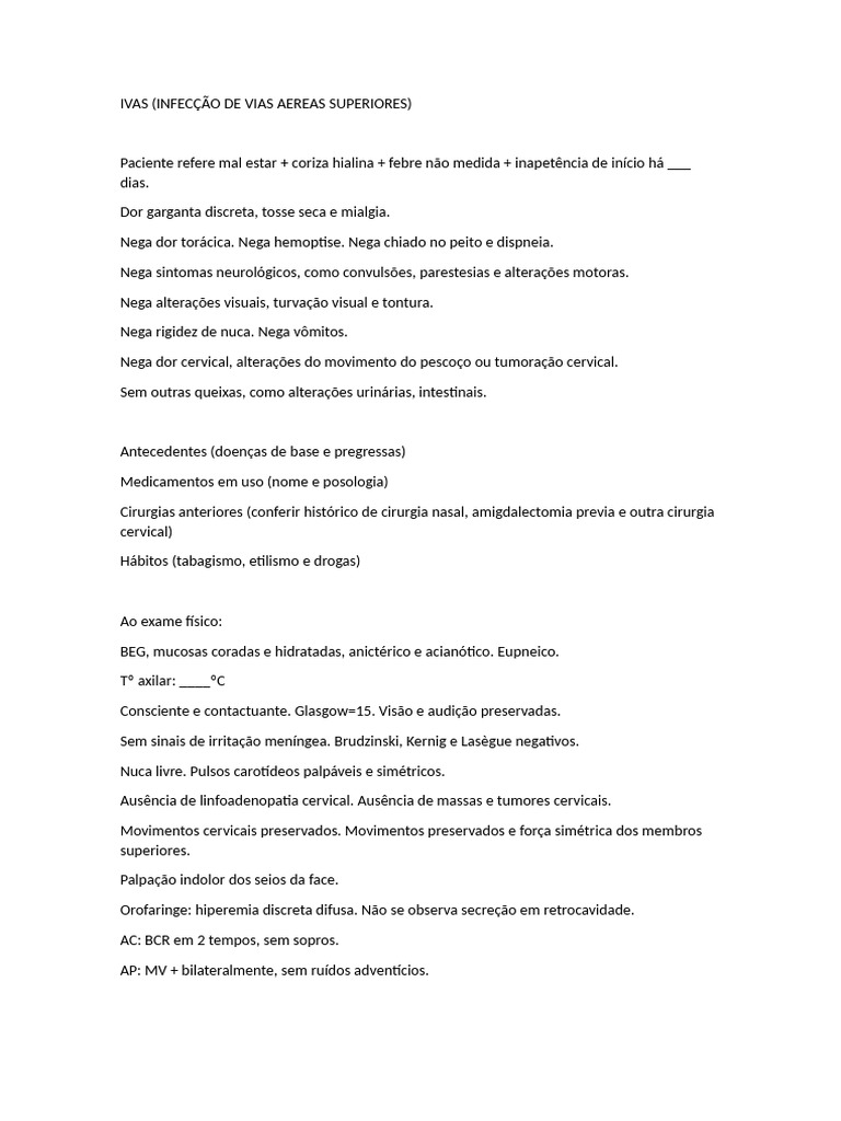 Avaliação de IVAS em Paciente Adulto | PDF