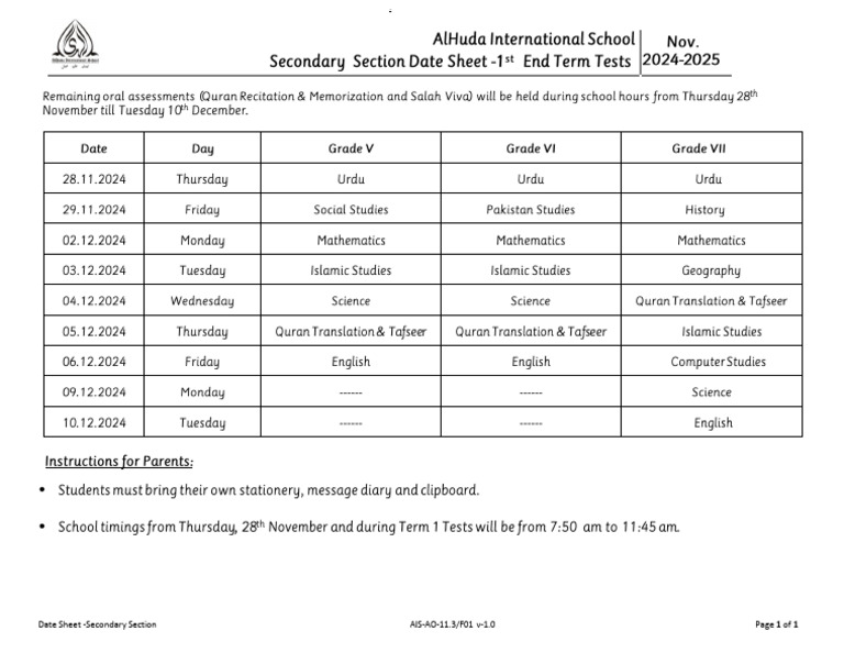 Updated Grade V-VII 1st End Term Test Datesheet 2024-25 | PDF