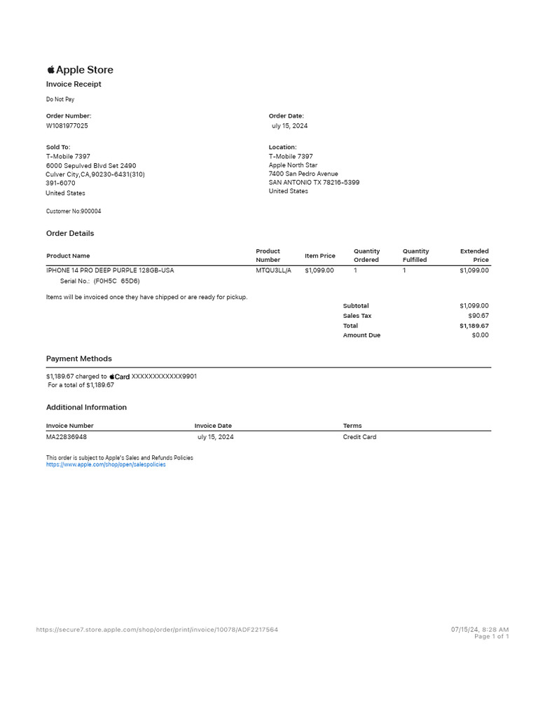 Apple Store Invoice for iPhone 14 Pro | PDF | Invoice | Receipt