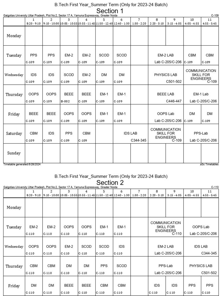 Summer Term B Tech First Year TT For 2023-24 | PDF
