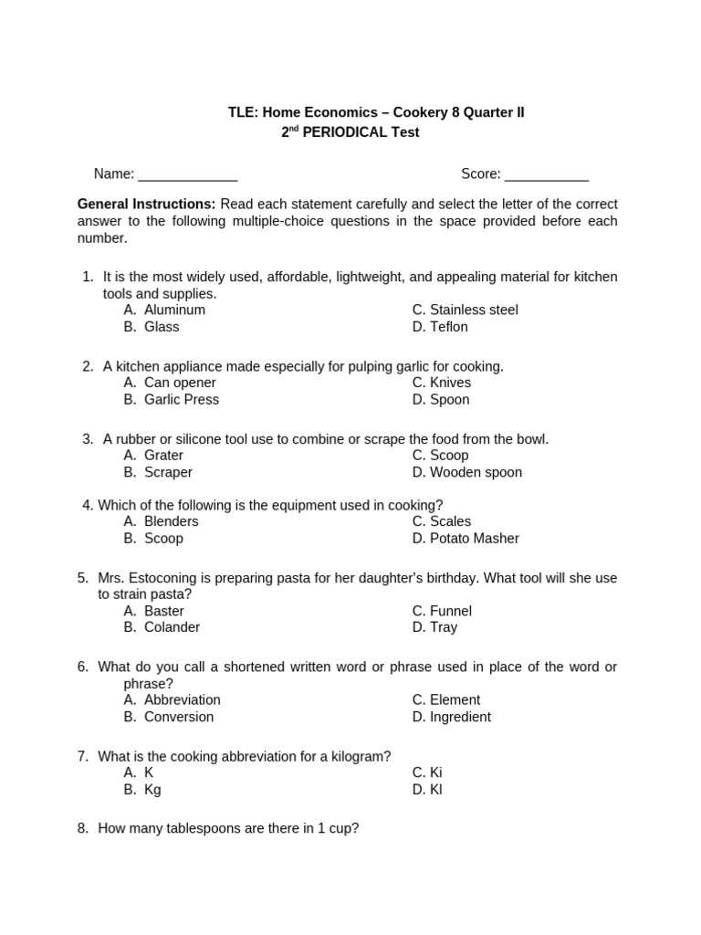 2nd Periodical Test Epp Pdf Teaspoon Hazards