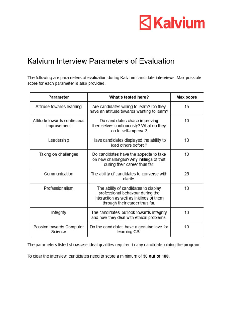 Kalvium interview parameters pdf