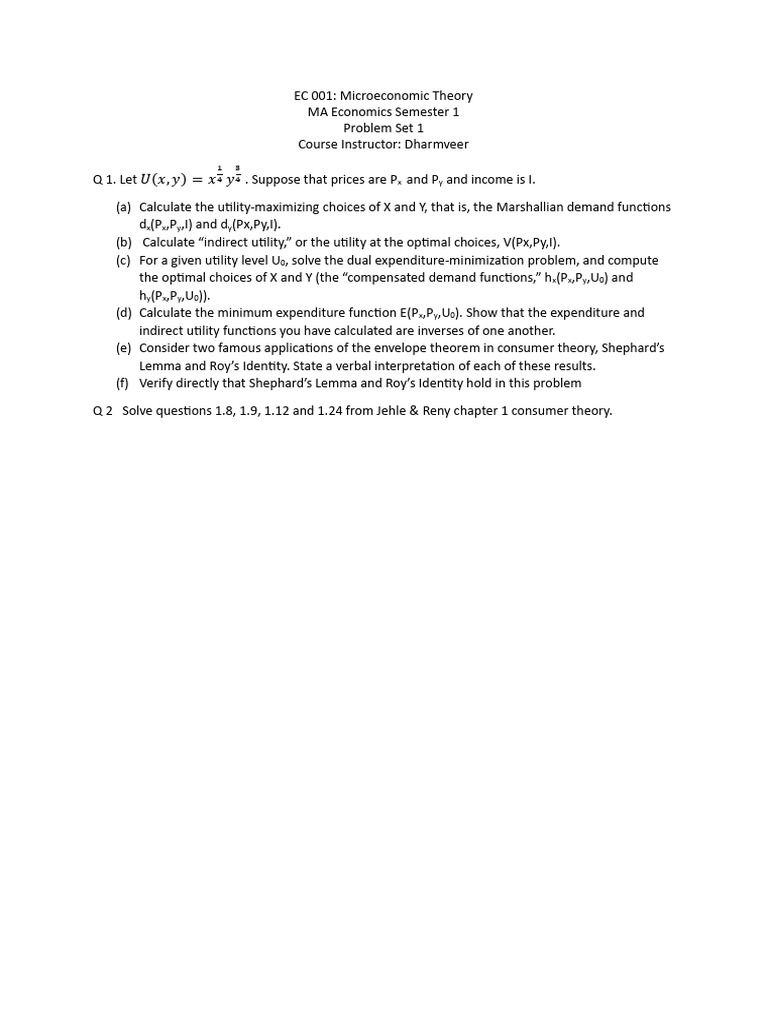 Microeconomic Theory Problem Set 1 | PDF