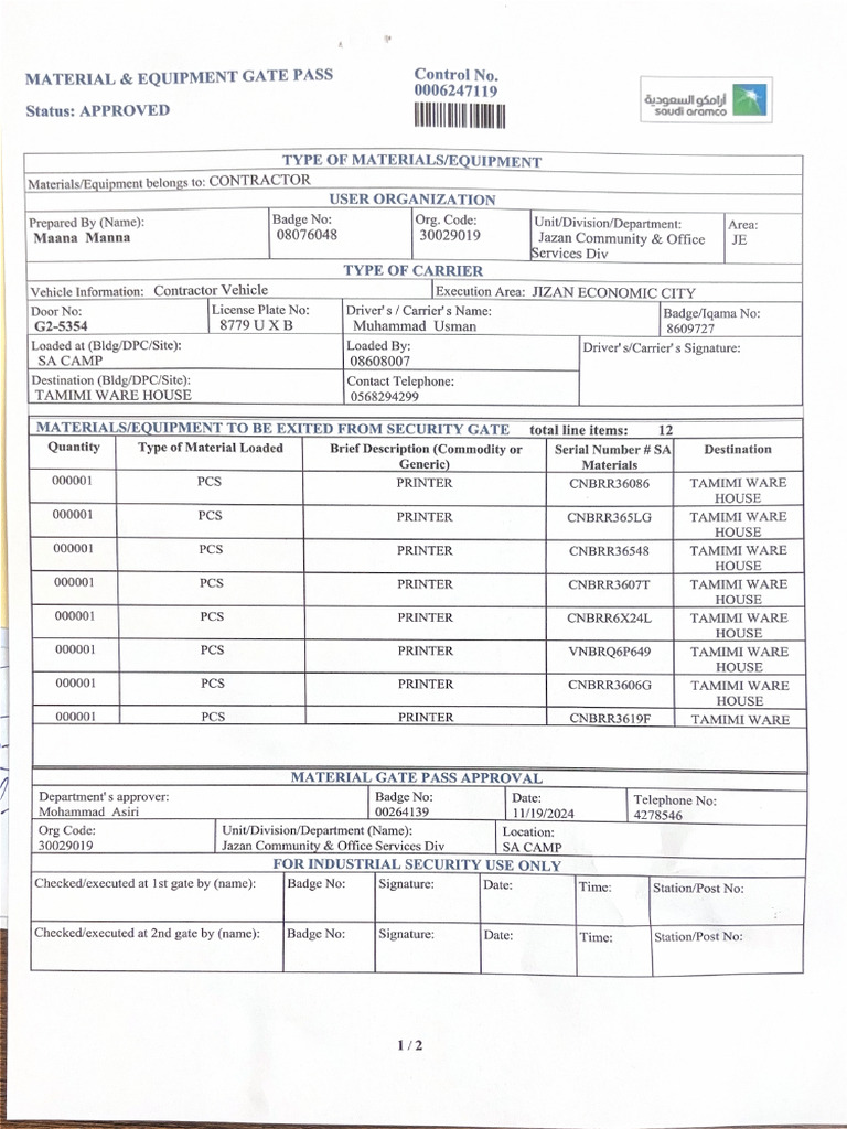 Material & Equipment Gate Pass | PDF