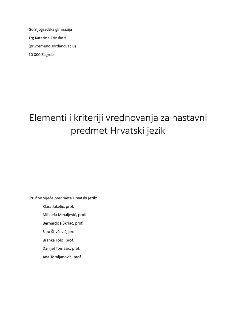 Elementi I Kriteriji Vrednovanja Hrvatski Jezik 2023 | PDF