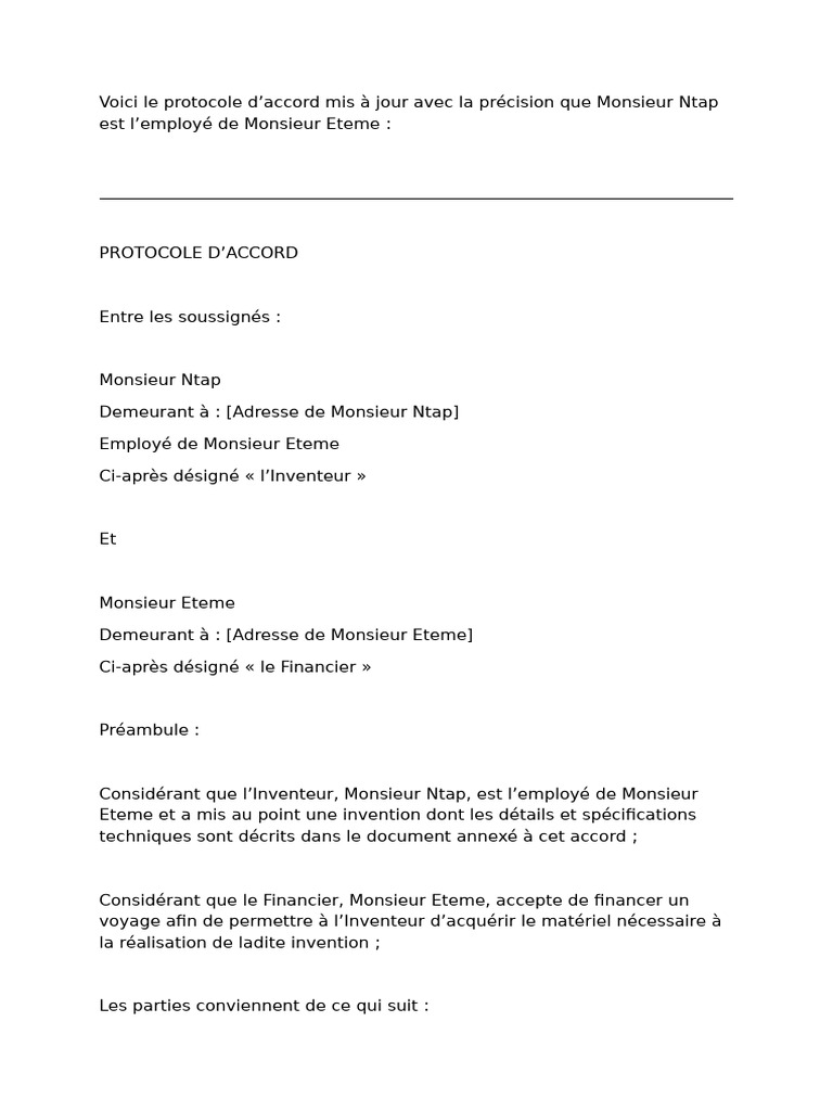 Protocole d'Accord Entre Inventeur et Financier | PDF