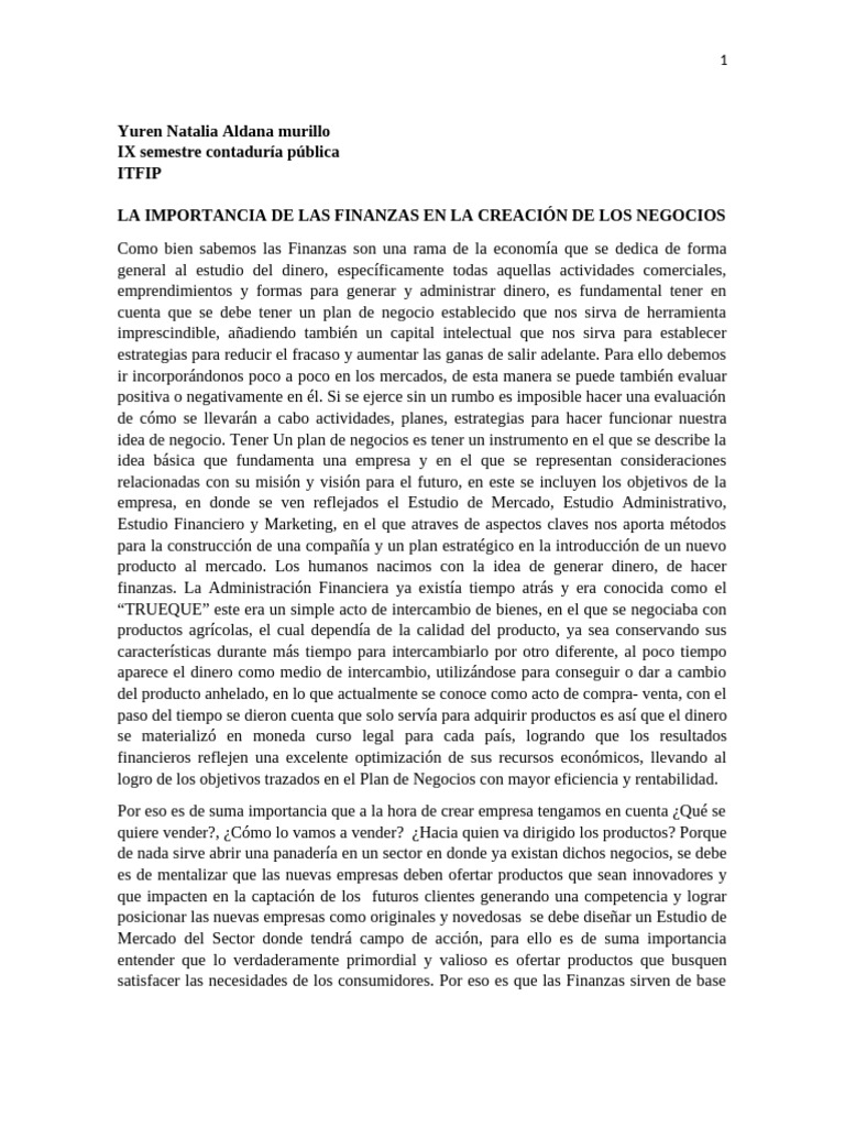 La Importancia de Las Finanzas en La Creación de Los Negocios | PDF ...