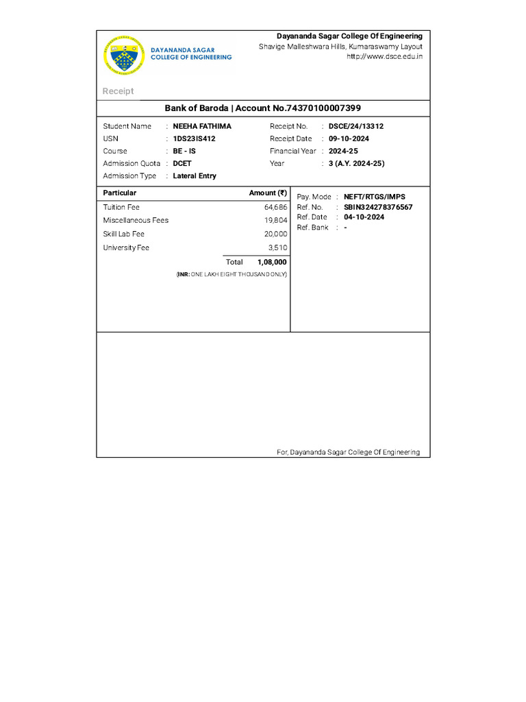 DSCE Fee Receipt for Neha Fathima | PDF