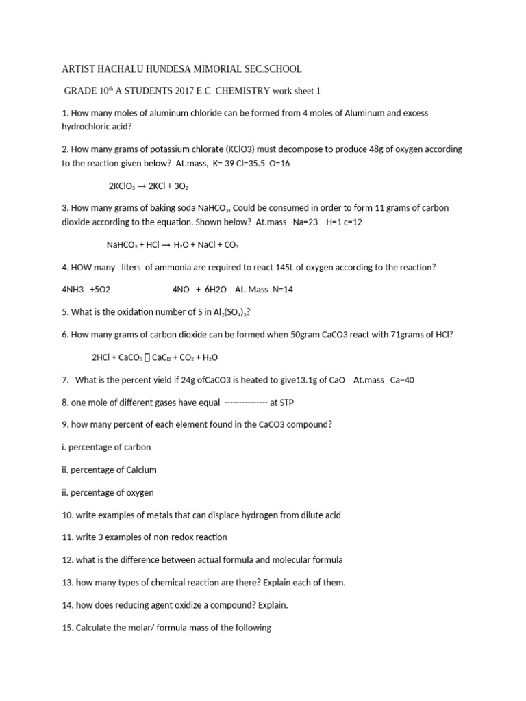Grade 10 Chemistry Worksheet 2017 E.C. | PDF
