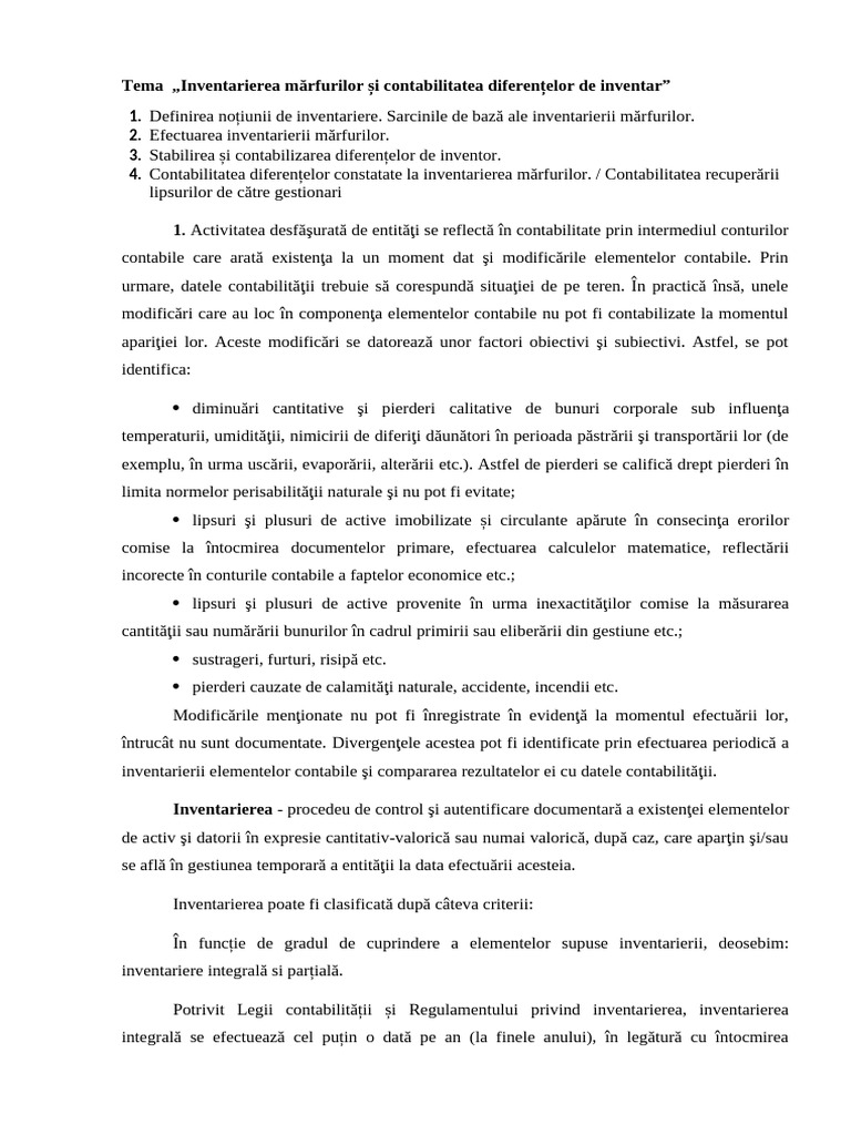 Tema 8 Inventarierea Mărfurilor Și Contabilitatea Diferențelor de ...