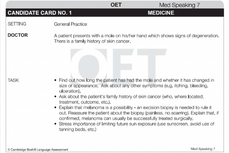 Medicine Speaking Candidate Card (Mole) | PDF