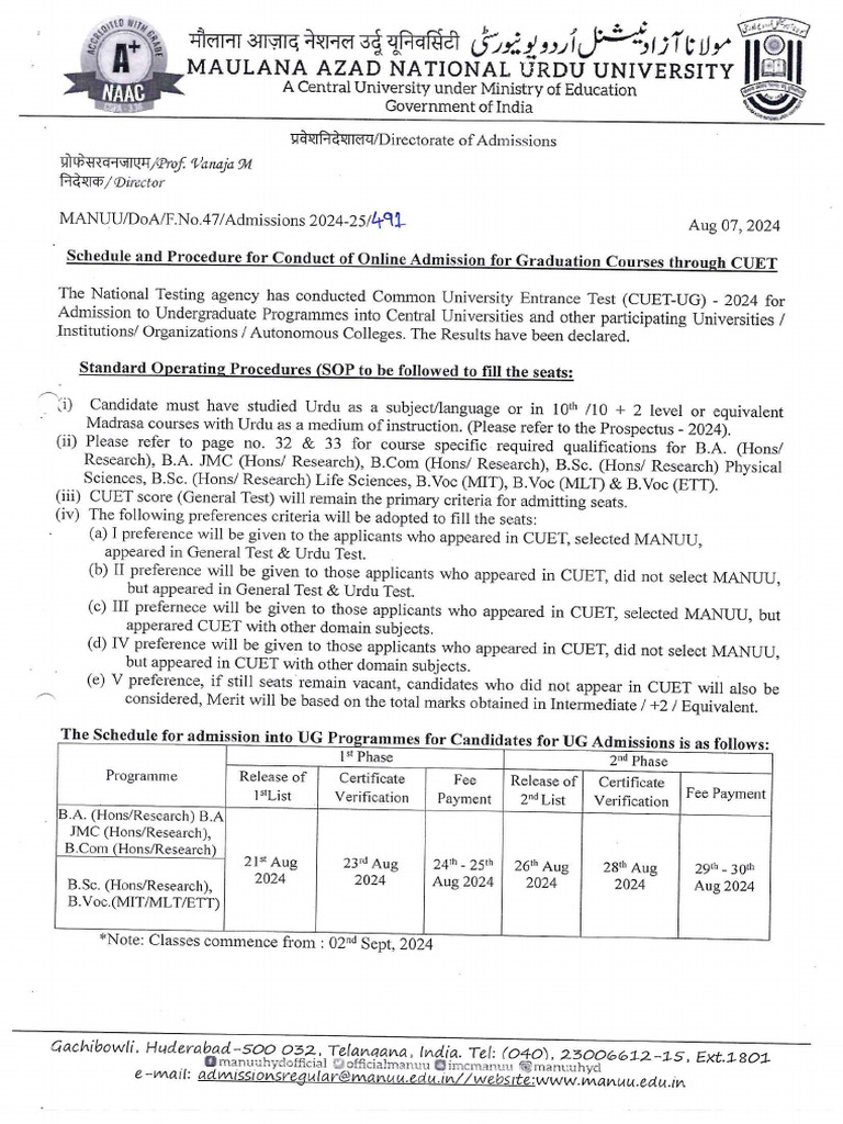 Schedule Procedure Conduct Online Admission UGprogrammes2024 25 | PDF