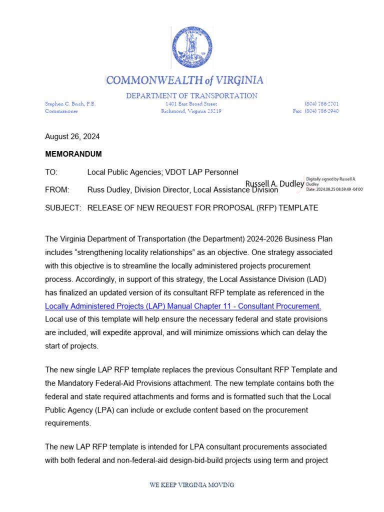 New VDOT RFP Template for Local Projects | PDF | Request For Proposal