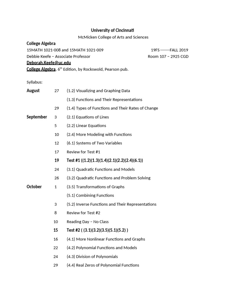 College Algebra Syllabus - UC 2019 | PDF | Equations | Algebra