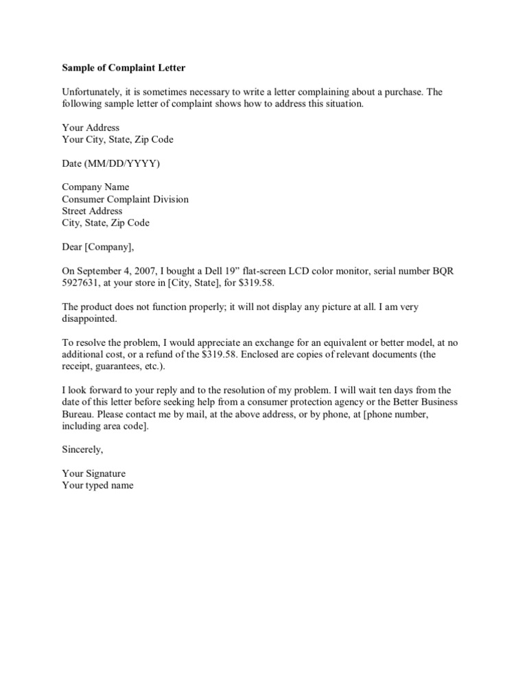 Sample of Complaint Letter