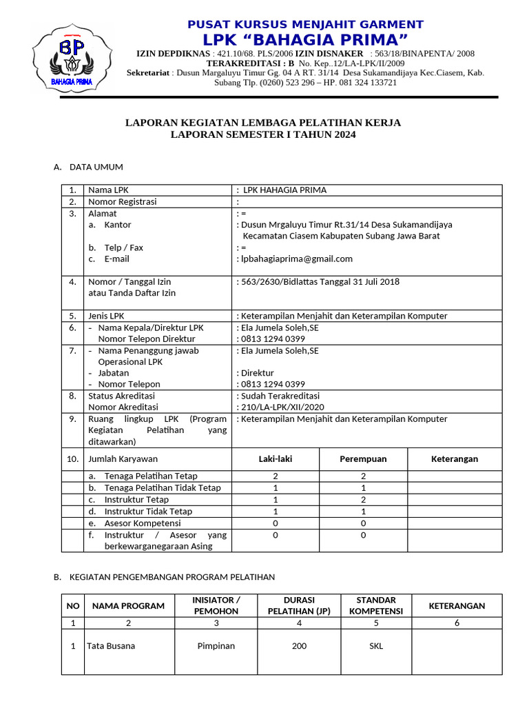 LPK Bahagia Prima: Kursus Menjahit & Komputer | PDF