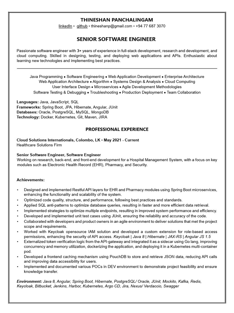 Senior Software Engineer Resume | PDF | Software | Cloud Computing