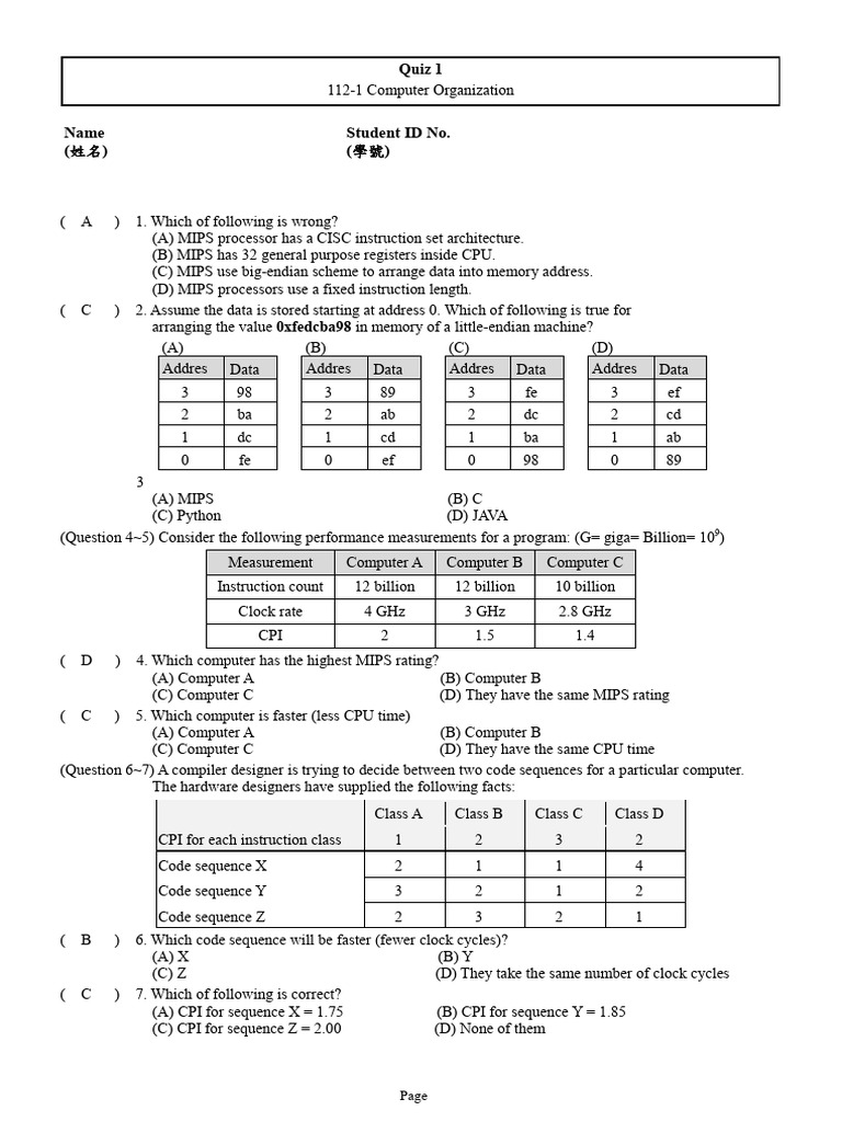 111 Computer Organization - Quiz 1 | PDF | Central Processing Unit ...