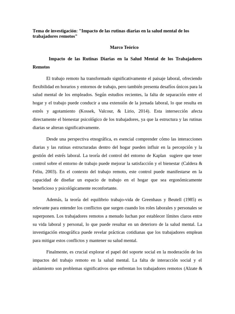 Rutinas y Salud Mental en Teletrabajo | PDF | Salud mental | Muestreo ...