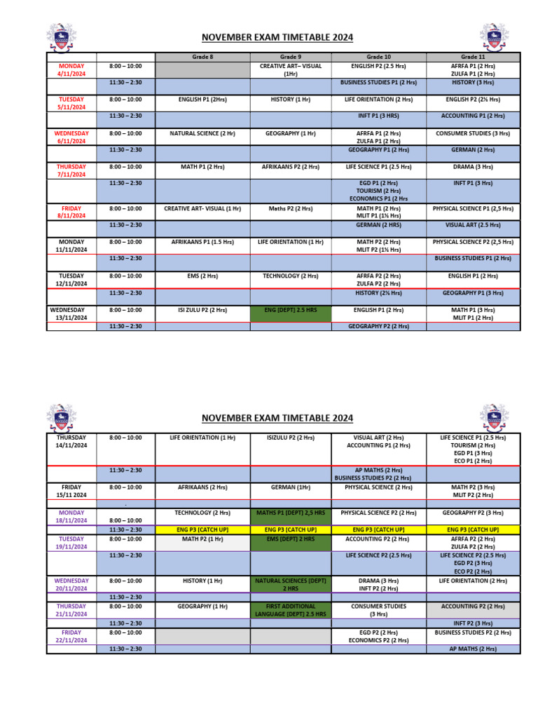 Nov Exam Timetable 2024 | PDF