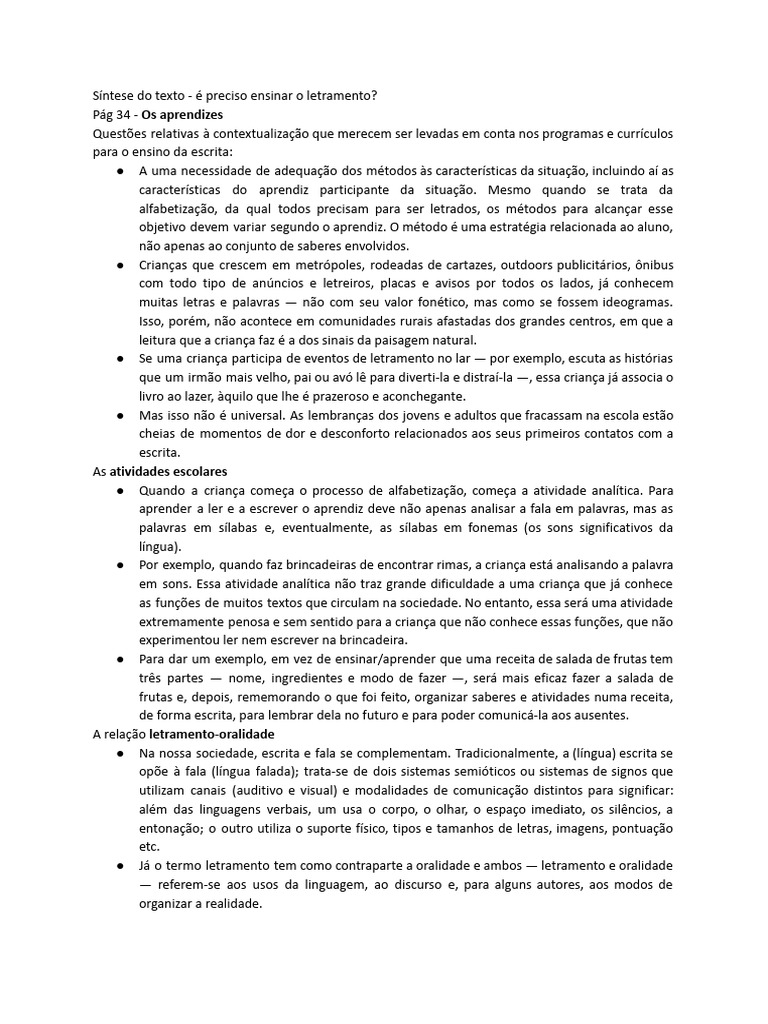 Síntese Do Texto - É Preciso Ensinar o Letramento | PDF | Alfabetização ...