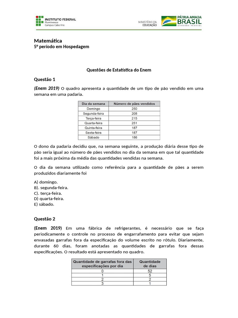 Questões de Estatística do Enem 2019-2021 | PDF