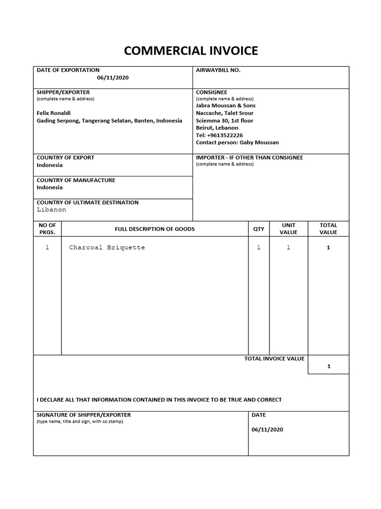 Commercial Invoice for Charcoal Export | PDF