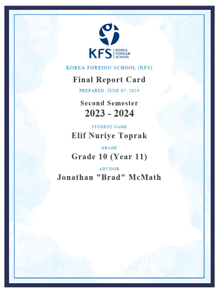 Elif Toprak's KFS Final Report Card | PDF | Mathematics | Learning