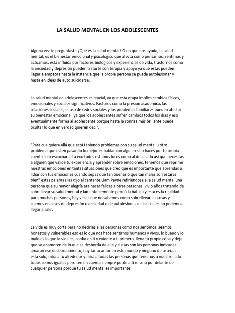 La Salud Mental en Los Adolescentes | PDF | Salud mental | Las emociones