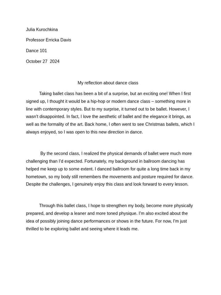 My Reflection About Dance Class JULIA KUROCHKINA | PDF