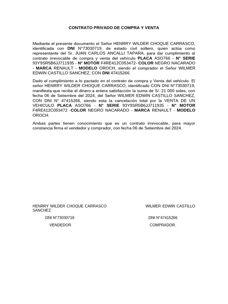 Contrato Privado de Compra y Venta Edwin | PDF