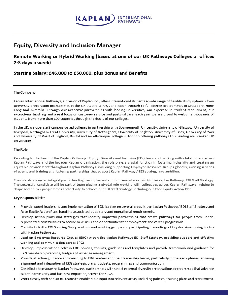 Equity, Diversity and Inclusion Manager - Job Description | PDF ...