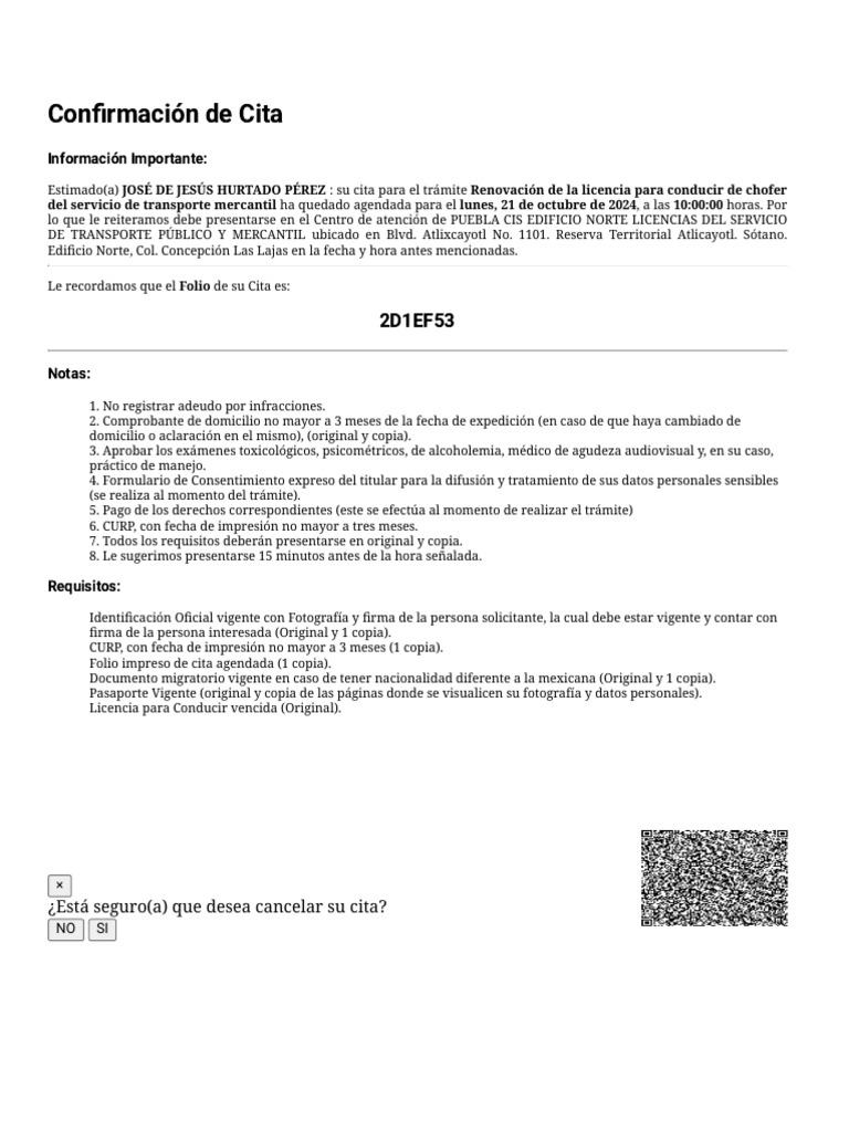 Confirmación de Cita para Licencia de Conducir | PDF
