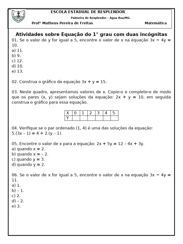 Atividades Sobre Equação Do 1° Grau Com Duas Incógnitas - 8° Ano | PDF ...
