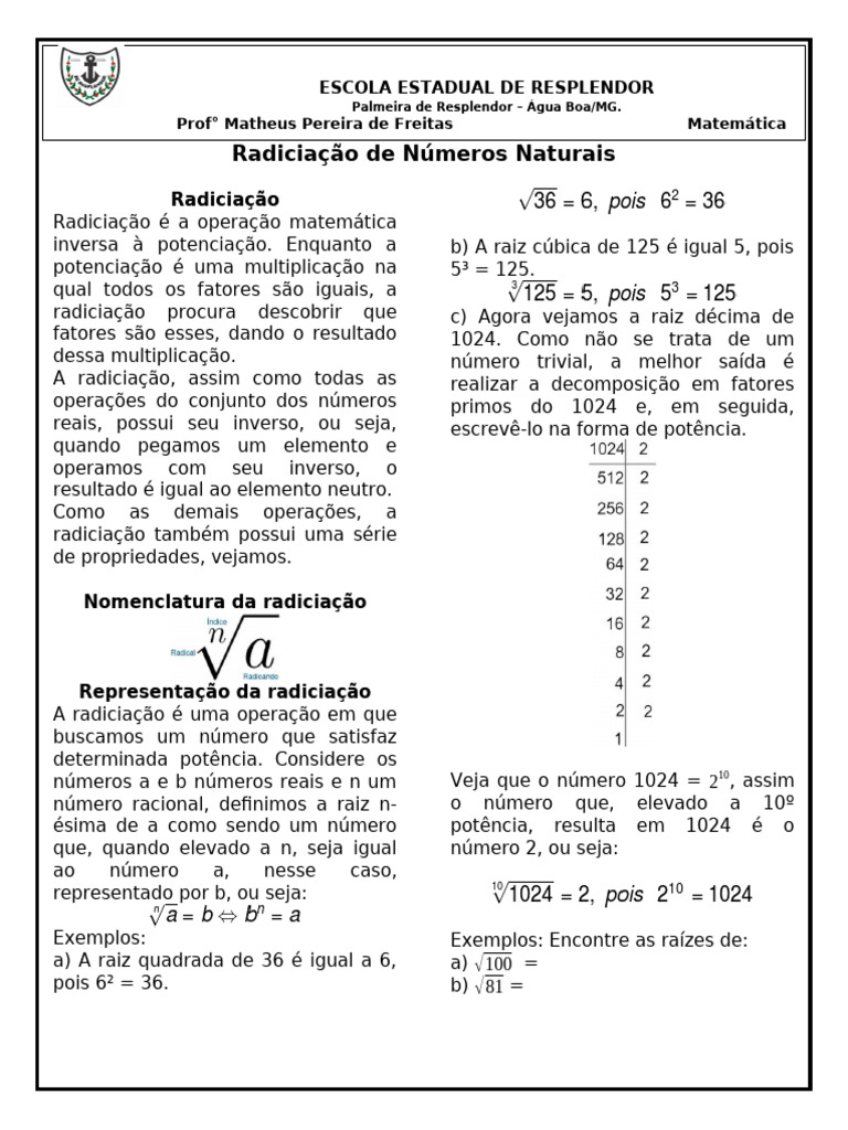 Radiciação - 6° Ano | PDF | Exponenciação | Números