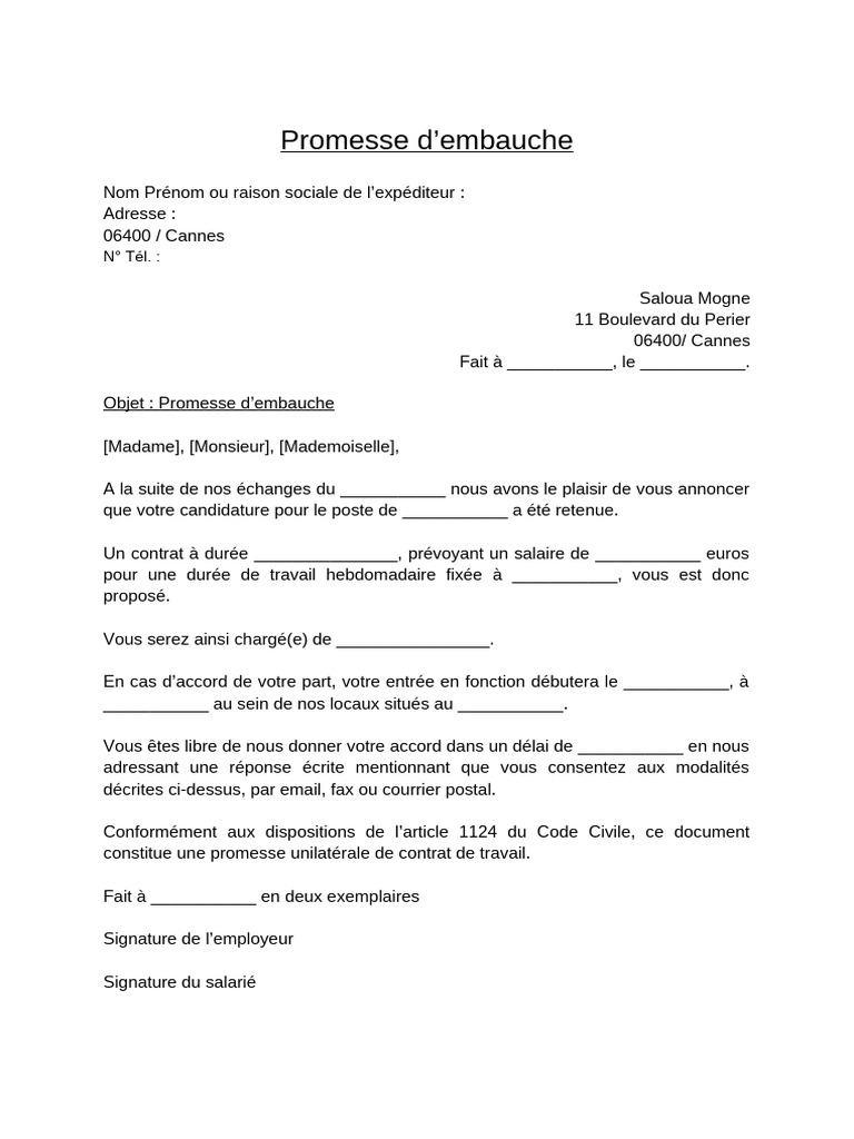 Modèle de promesse d'embauche PDF | PDF