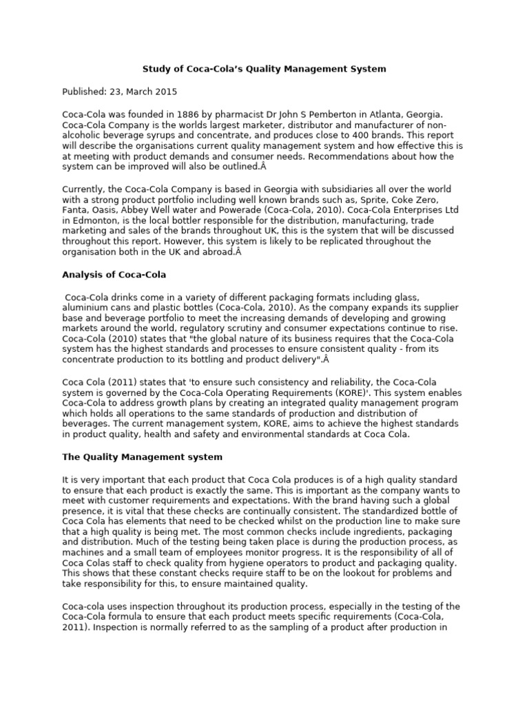 Coca-Cola Quality Management Analysis | PDF | The Coca Cola Company ...
