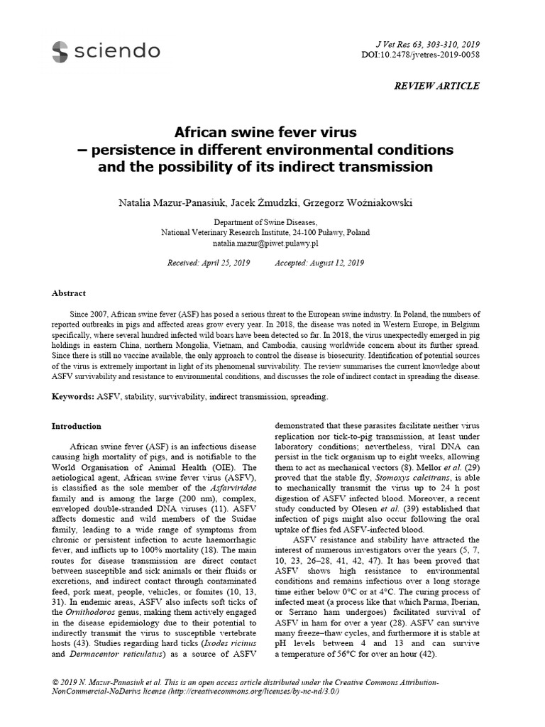 ASF Virus Persistence and Transmission | PDF | Infection | Microbiology