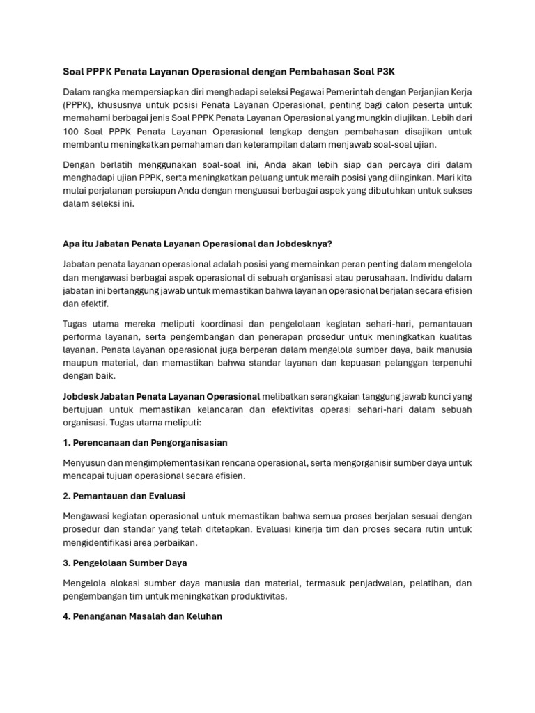 Soal PPPK Penata Layanan Operasional Dengan Pembahasan Soal P3K | PDF