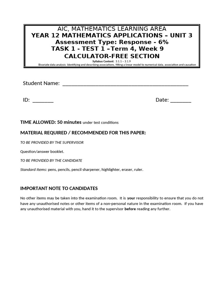 2022 Year 12 Task 1 Test 1 Applications 1 | PDF | Linear Regression ...