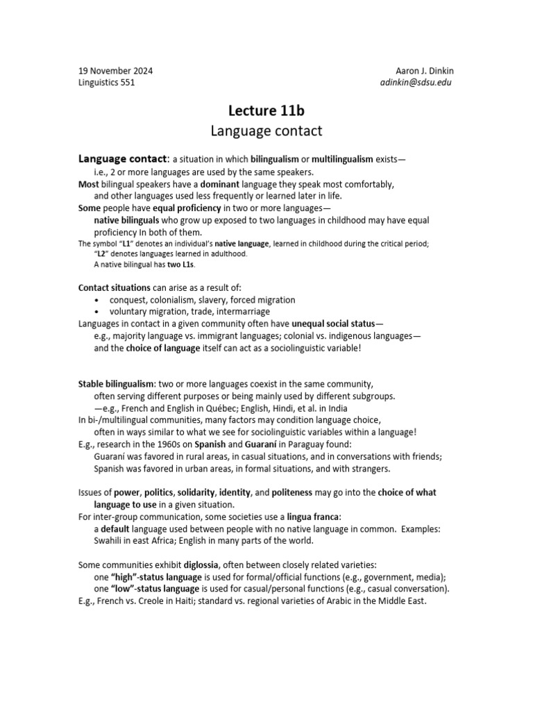 Language Contact and Bilingualism Explained | PDF | Multilingualism ...