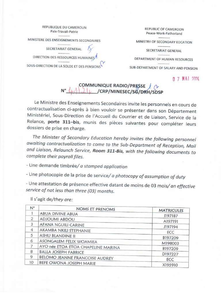 Personnel Invite A Completer Son Dossier Au Minesec | PDF